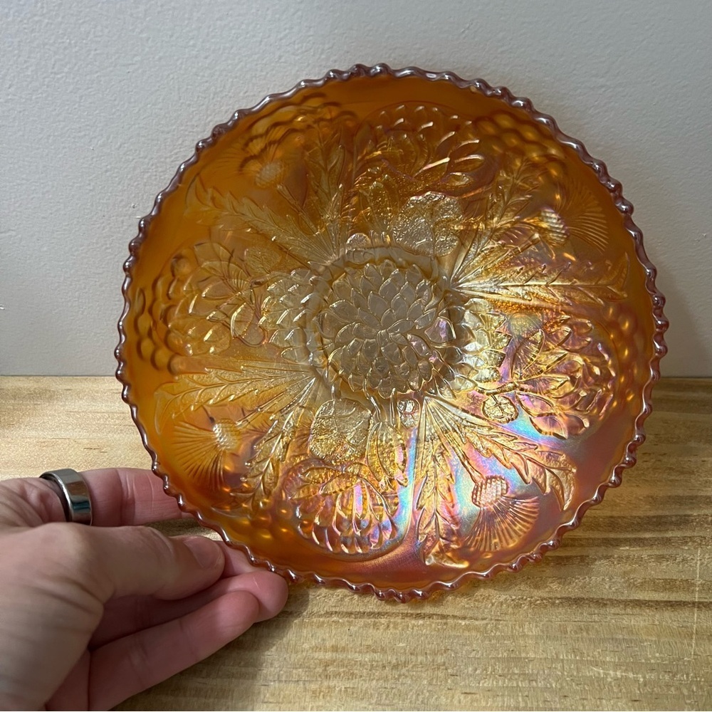 Vintage Fenton Marigold Carnival Glass Lotus and Grape Bowl 6.5”